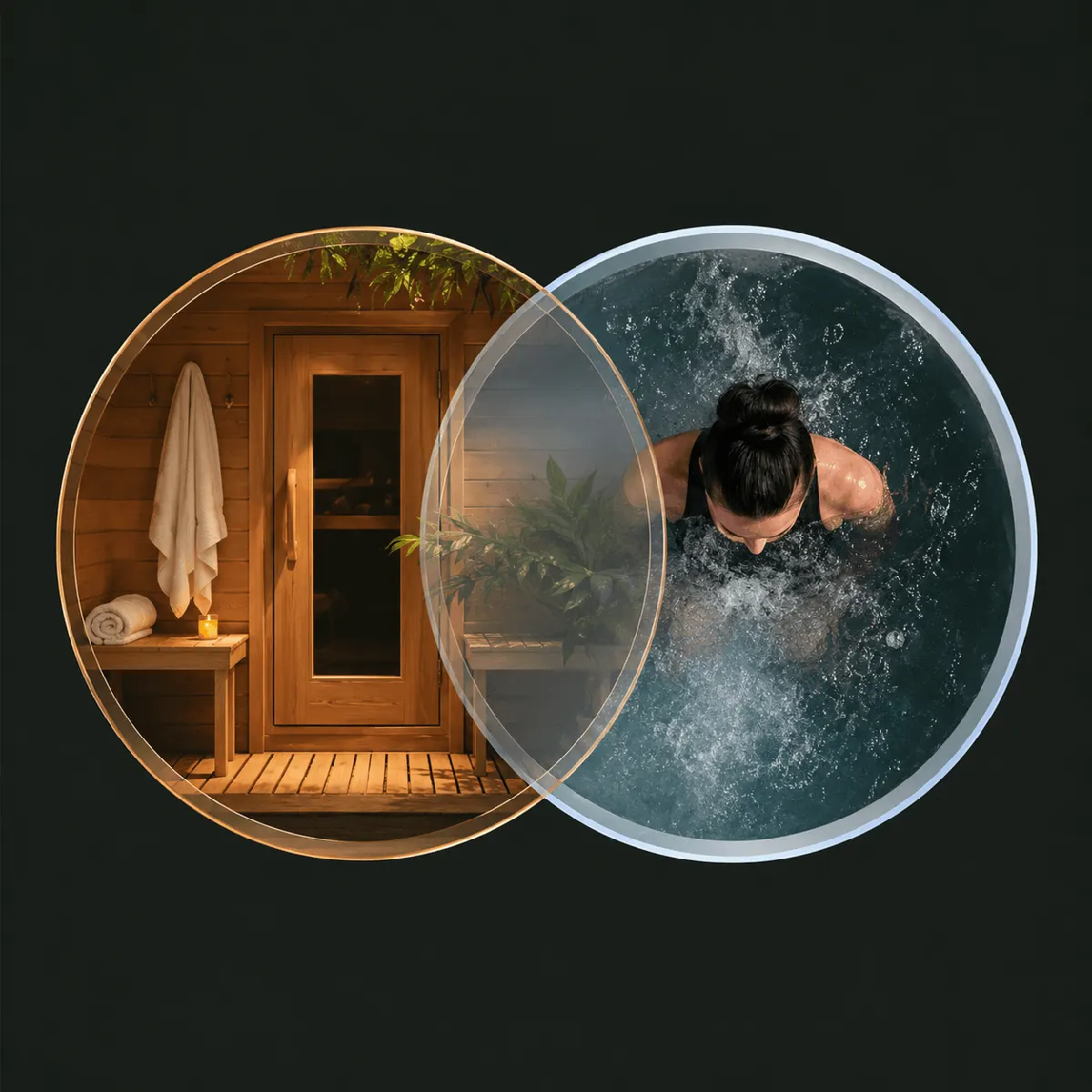 Sauna and cold plunge shown side by side