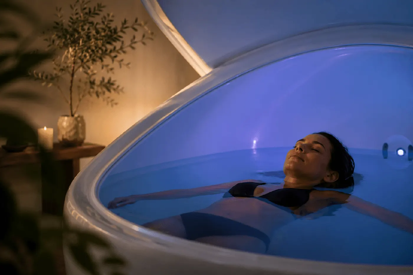 Guest floating in a softly lit float pod
