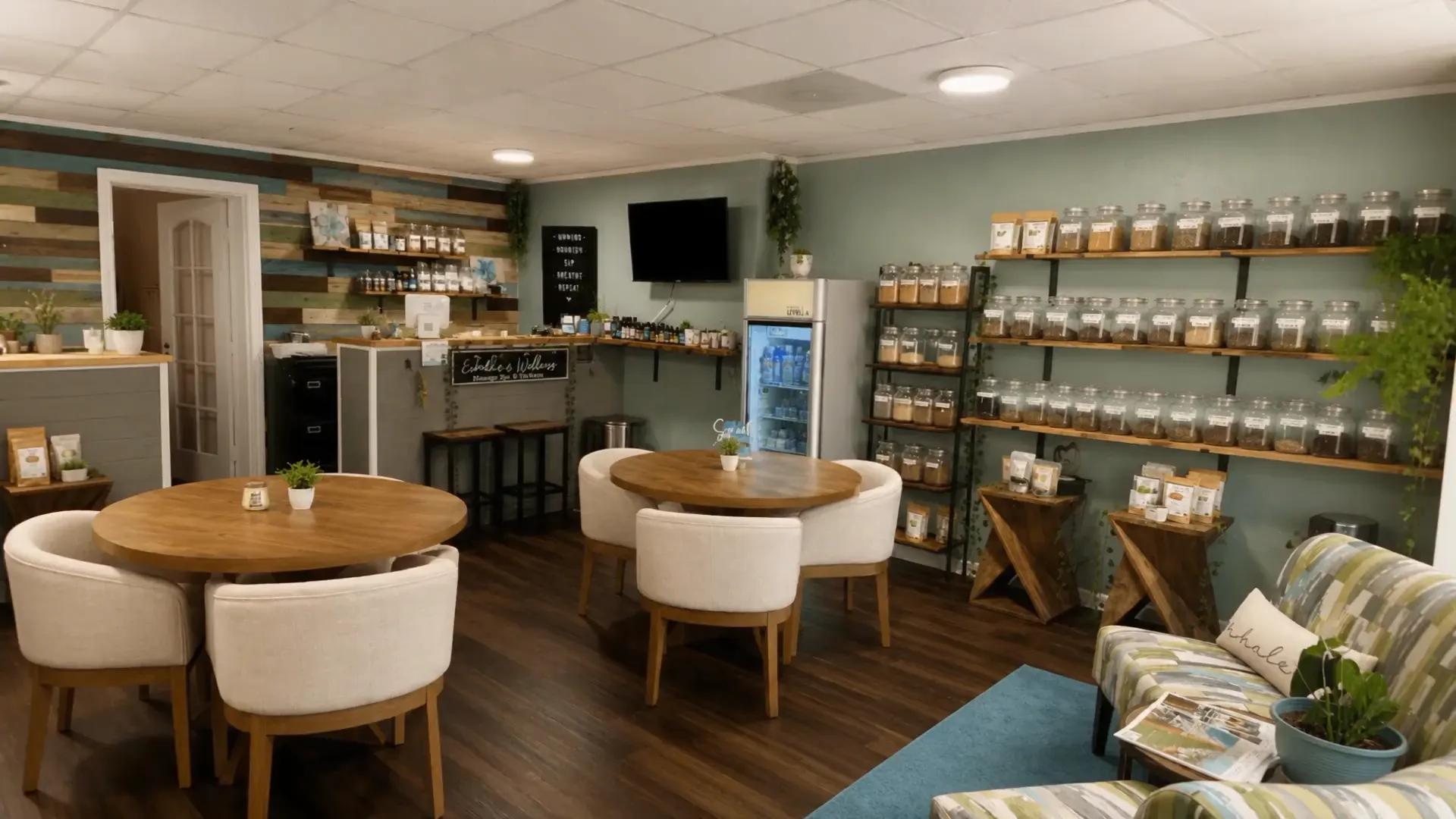 The Exhale tea room with round tables, armchairs and shelves of loose leaf tea