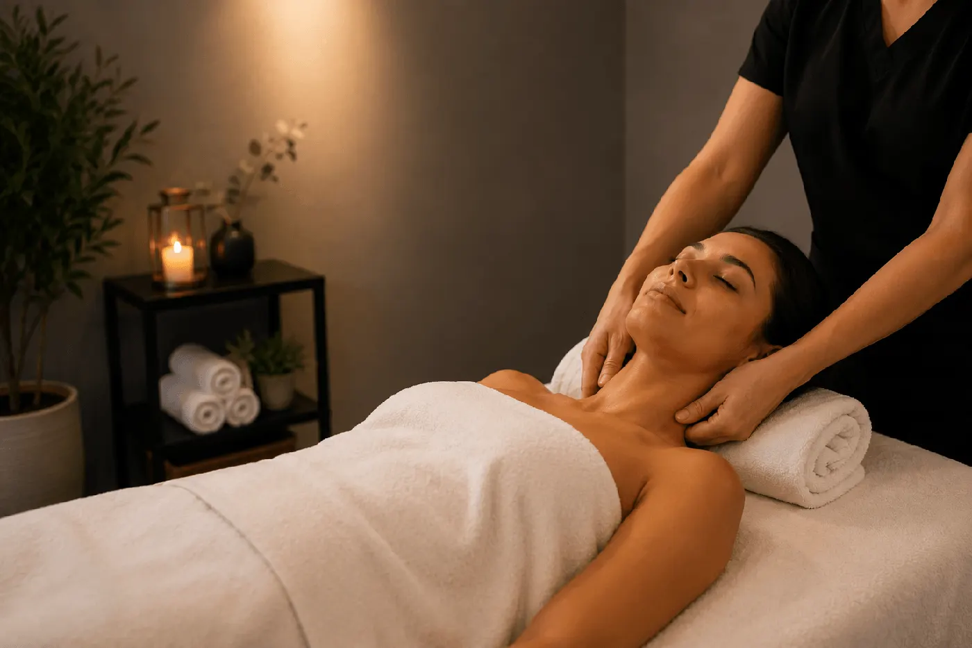 Guest receiving a gentle neck and shoulder massage