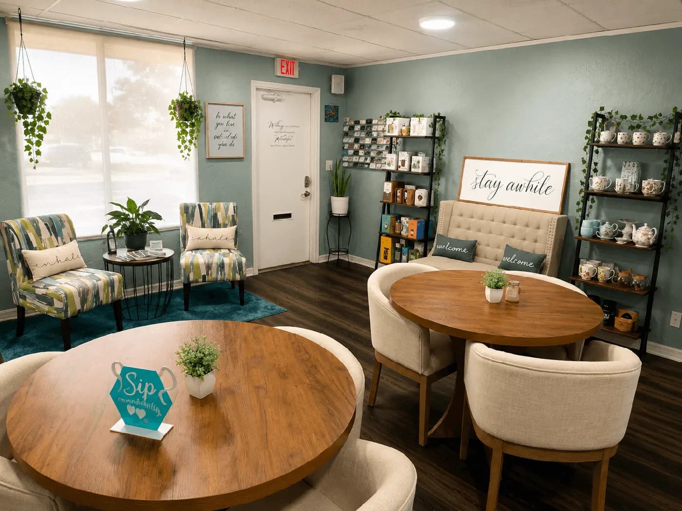 Tea room with round tables, armchairs and a 'stay awhile' sign