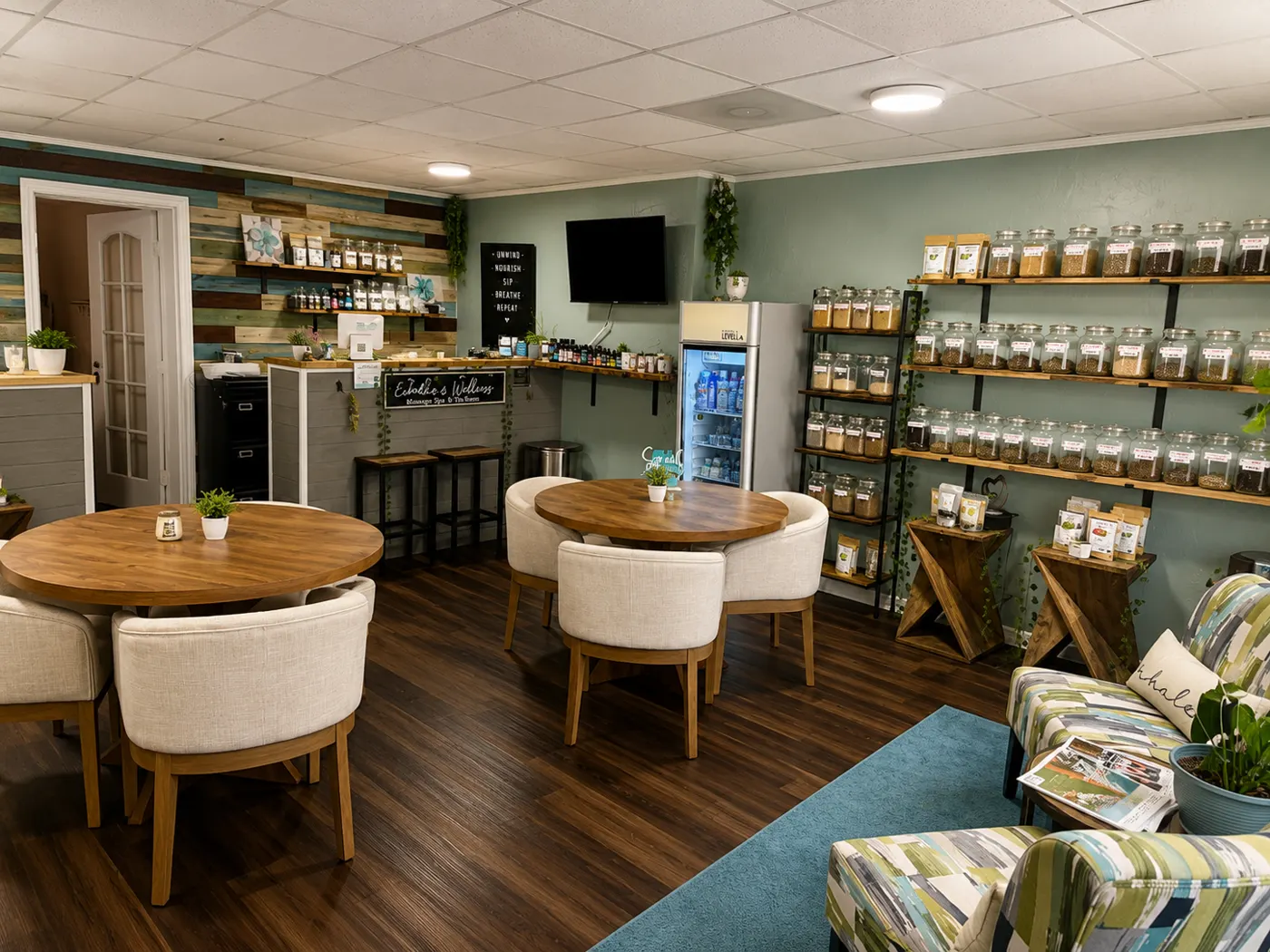 Loose leaf tea jars lining the tea room walls